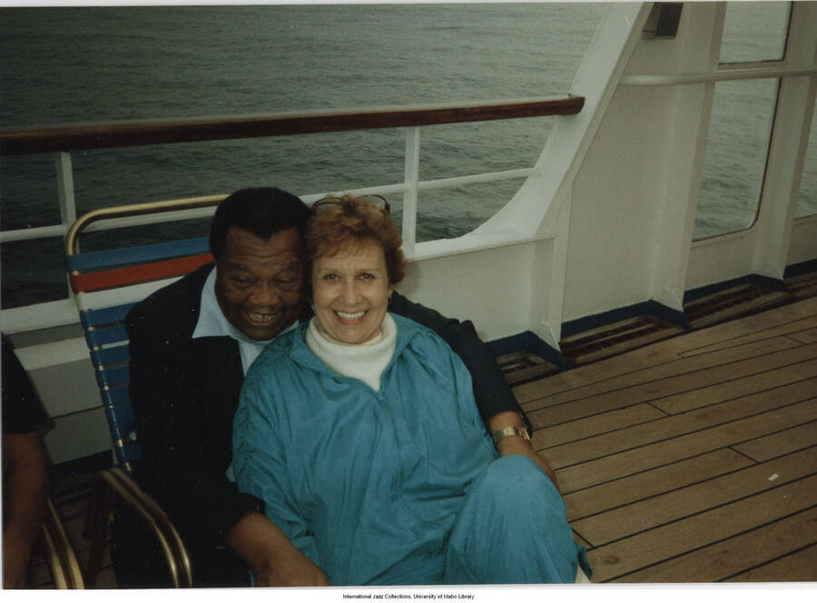 3 1/2 x 5 inch photograph; unidentified couple on board a cruise ship