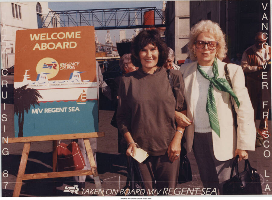 5 x 7 inch photograph; Jane Feather and Mary Ann Seigel. Inscription at the bottom of the photograph reads: Cruising 87; Vancouver Frisco L. A.; Taken on board M/V Regent Sea