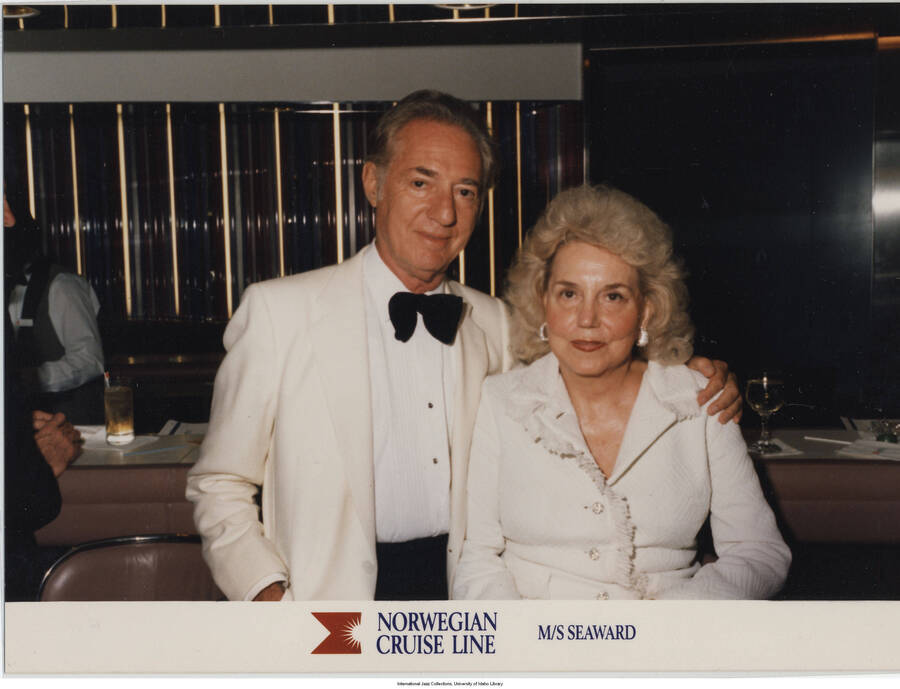 5 x 6 3/4 inch photograph; Jane and Leonard Feather. Inscription at the bottom of the photograph reads: Norwegian Cruise Line; M/S Seaward