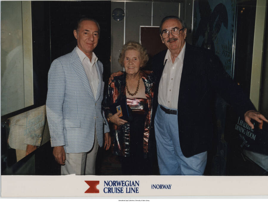 5 x 6 3/4 inch photograph; Leonard Feather, Helen Oakley Dance, and Stanley Dance. Inscription at the bottom of the photograph reads: Norwegian Cruise Line