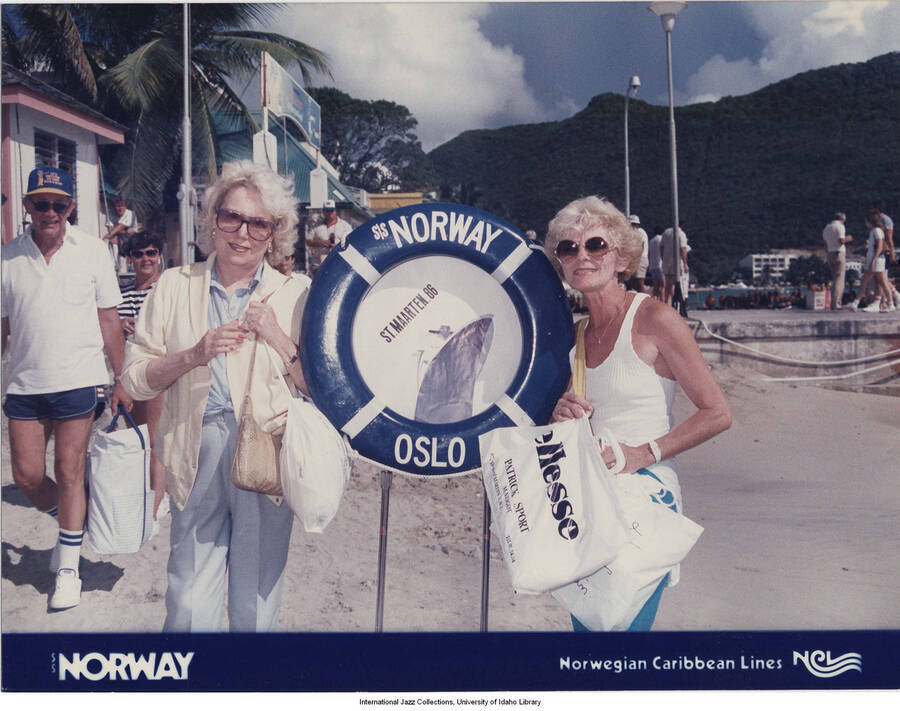 6 x 8 inch photograph; Jane Feather and Samantha Bagley in St. Maarten Islands, Caribbean. Inscription at the bottom of the photograph reads: Norwegian Caribbean Lines