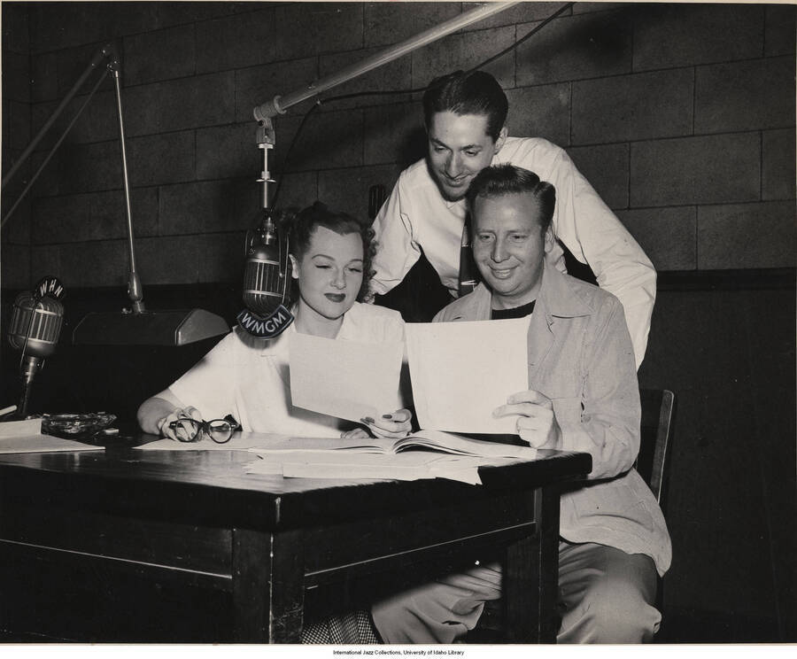 8 x 10 inch photograph; Leonard Feather, Jo Stafford, and Skitch Henderson in the WMGM studio