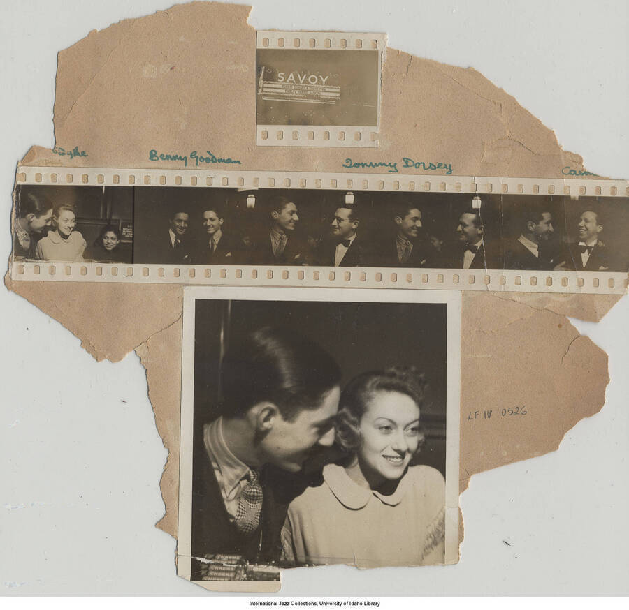 3 1/2x 3 1/2 inch photograph; Leonard Feather with an unidentified woman; a strip of five pictures showing Leonard Feather, Benny Goodman, Tommy Dorsey, and an unidentified woman; one picture of the Savoy [Ballroom] with a sign announcing: Tommy Dorsey and Orchestra Twelve Hour Dancing. These are all glued to a piece of paper