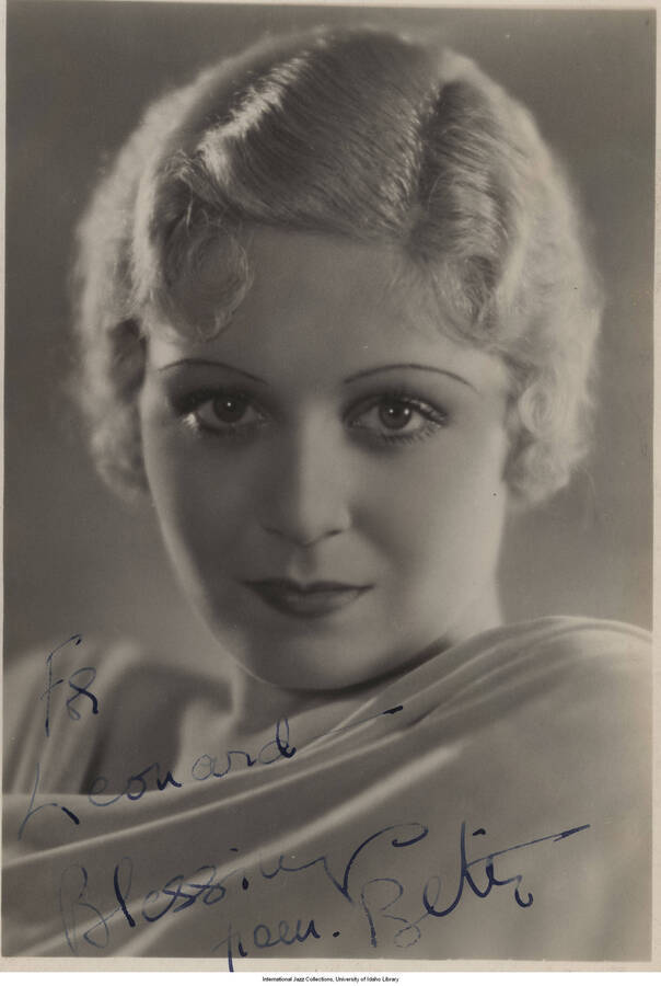 5 3/4 x 4 inch signed photograph; portrait of an unidentified woman. The photograph is dedicated to Leonard Feather