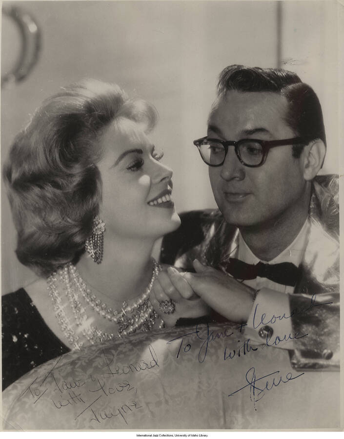 10 x 8 inch signed photograph; Jayne Meadows and Steve Allen. The photograph is dedicated to Jane and Leonard Feather