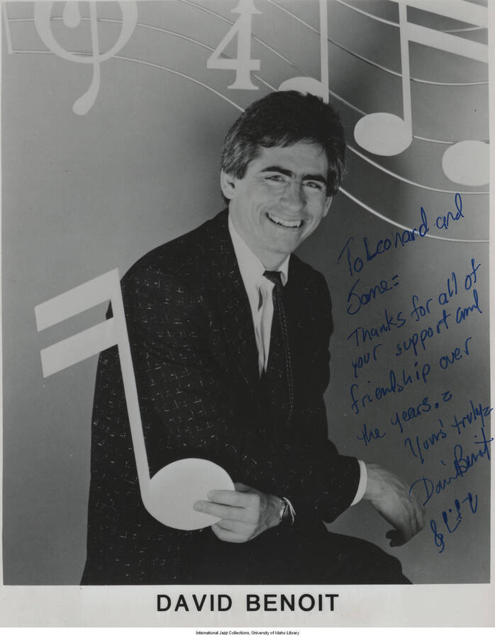 10 x 8 inch signed photograph; David Benoit. The photograph is dedicated to Jane and Leonard Feather