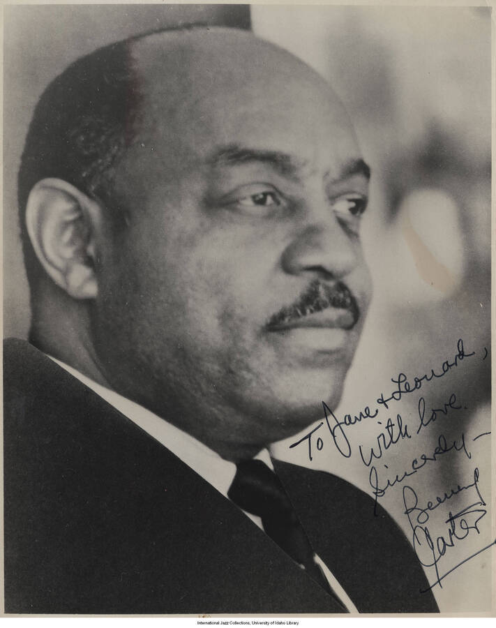 10 x 8 inch signed photograph; Benny Carter. The photograph is dedicated to Jane and Leonard Feather