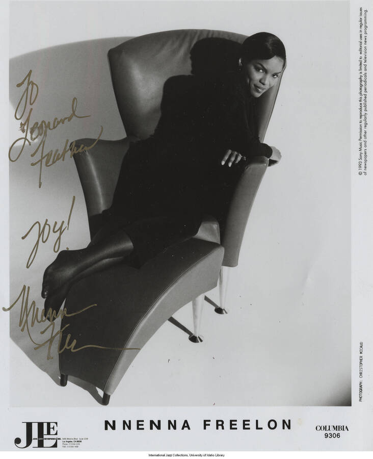 10 x 8 inch signed photograph; Nnenna Freelon. The photograph is dedicated to Leonard Feather