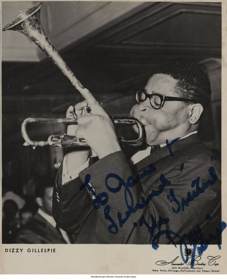 10 x 8 inch signed photograph; Dizzy Gillespie. The photograph is dedicated to Jane and Leonard Feather