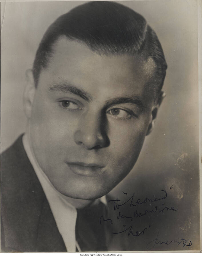 9 3/4 x 7 3/4 inch signed photograph; Nat Gonella. The photograph is dedicated to Leonard Feather, dated 1936-06
