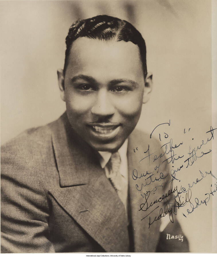 10 x 8 inch signed photograph; Teddy Hill. The photograph is dedicated to Leonard Feather