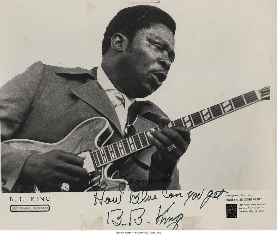 10 x 8 inch signed photograph; B. B. King. The photograph is dedicated to Leonard Feather