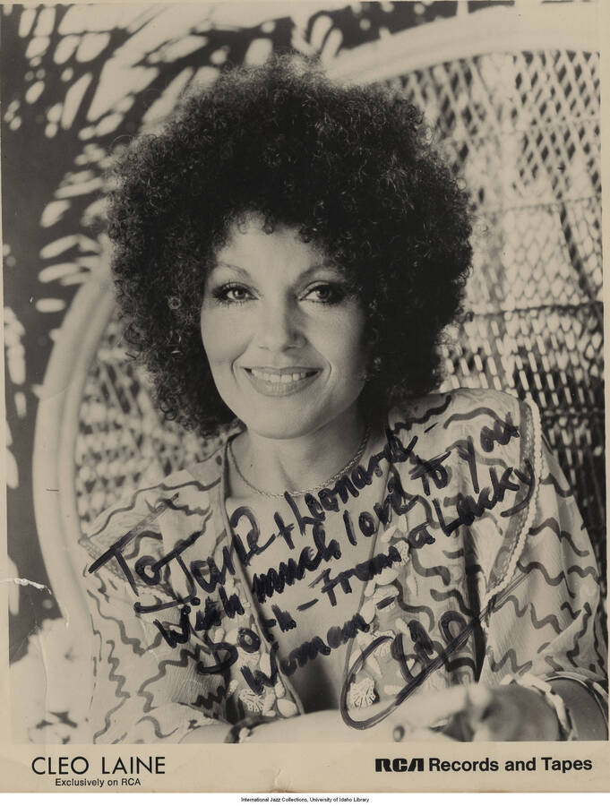 10 x 8 inch signed photograph; Cleo Laine. The photograph is dedicated to Leonard Feather (1 duplicate)