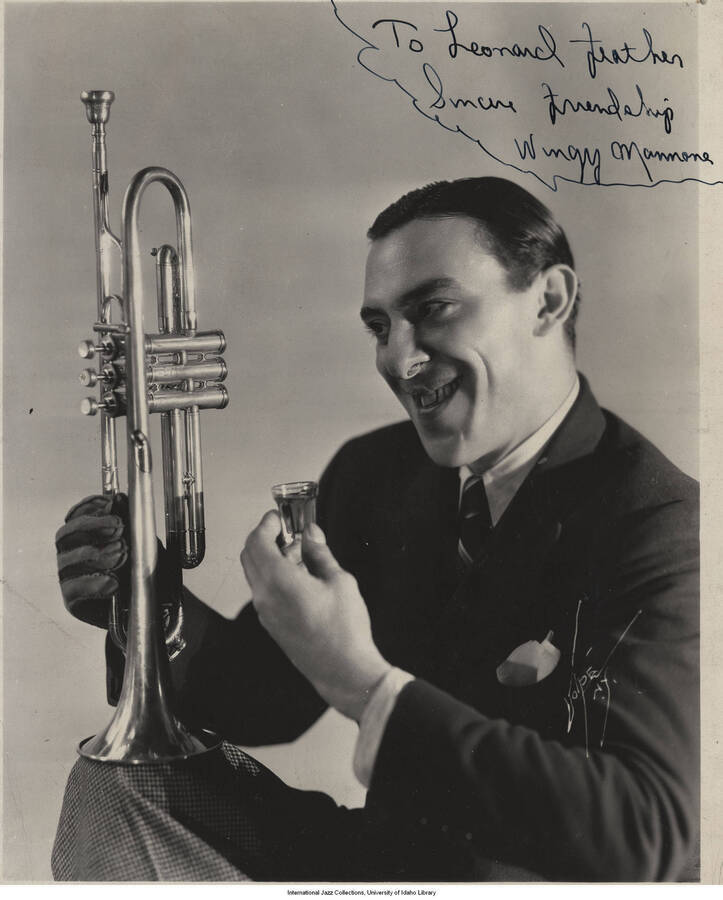 10 x 8 inch signed photograph; Wingy Manone. The photograph is dedicated to Leonard Feather