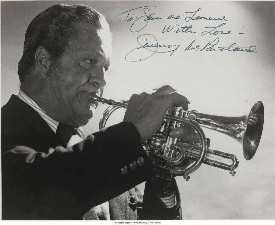 10 x 8 inch signed photograph; Jimmy McPartland. The photograph is dedicated to Jane and Leonard Feather