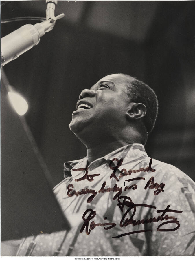9 x 7 inch signed photograph; Louis Armstrong. The photograph is dedicated to Leonard Feather
