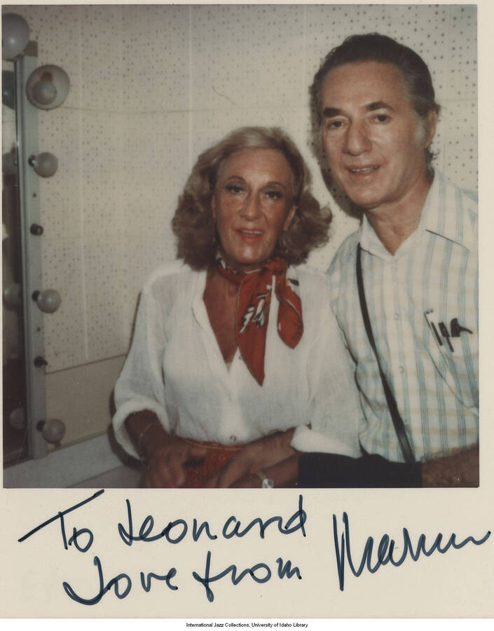 4 1/4 x 3 1/2 inch signed photograph; Leonard Feather and Marian McPartland. The photograph is dedicated to Leonard Feather