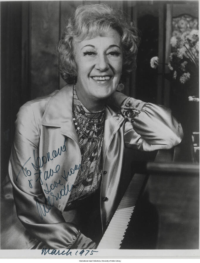 10 x 8 inch signed photograph; Marian McPartland. The photograph is dedicated to Leonard Feather, dated 1975-03