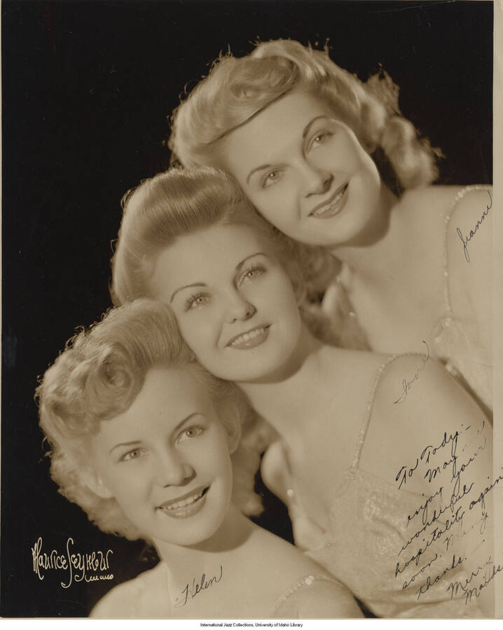10 x 8 inch signed photograph; portrait of three women. The photograph is dedicated to [Tody?] from the Merry Maids: Helen, Jane, and Jeanne
