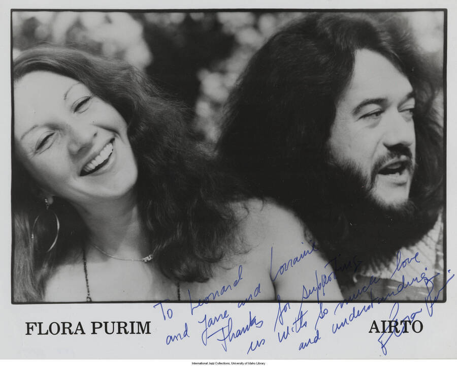 10 x 8 inch signed photograph; Flora Purim and Airto Moreira. The photograph is dedicated to Jane, Lorraine, and Leonard Feather