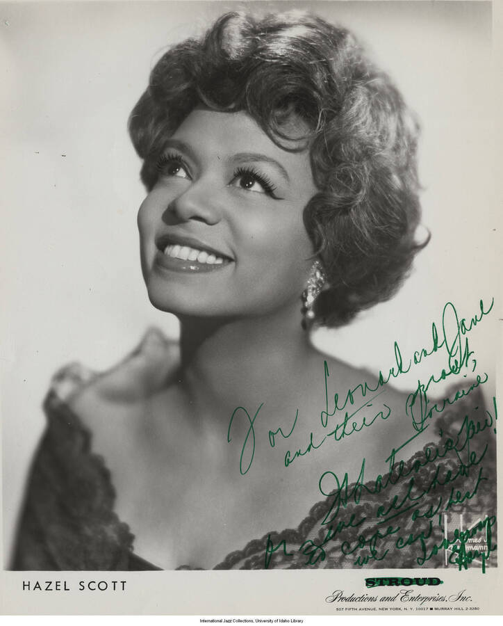 10 x 8 inch signed photograph; Hazel Scott. The photograph is dedicated to Jane and Leonard Feather