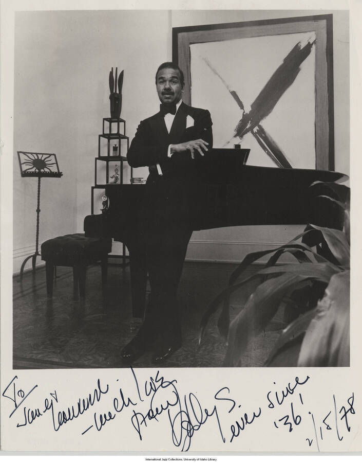 10 x 8 inch signed photograph;Pianist and vocalist Bobby Short. The photograph is dedicated to Jane and Leonard Feather, dated 1978-02-15