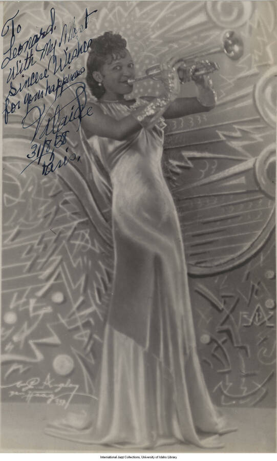9 1/2 x 7 inch signed photograph; Trumpeter Valaida Snow. The photograph is dedicated to Leonard Feather, dated 1938-08-31, Paris