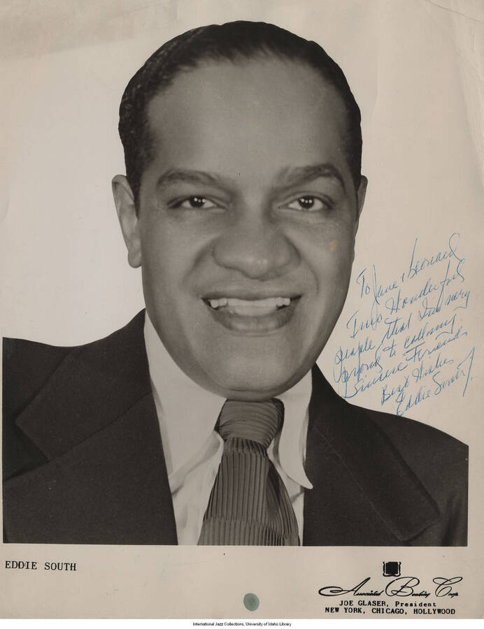 10 x 8 inch signed photograph; Eddie South. The photograph is dedicated to Jane and Leonard Feather