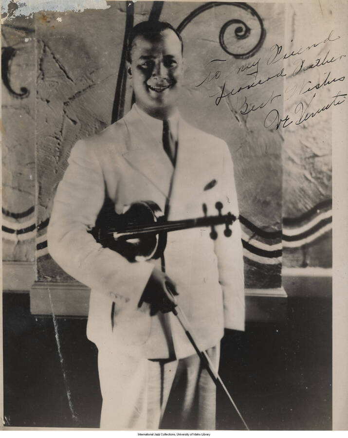 10 x 8 inch signed photograph; Joe Venuti. The photograph is dedicated to Leonard Feather