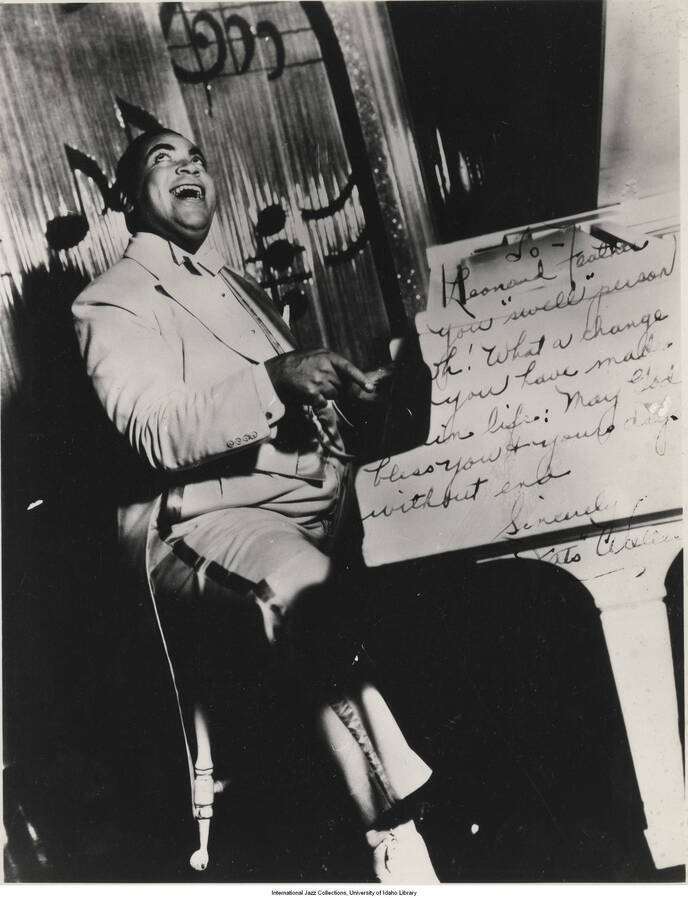 10 x 8 inch signed photograph; Fats Waller. This is a copy of the photograph dedicated to Leonard Feather. This photograph is published in Leonard Feather's book The Jazz Years: Earwitness to an era