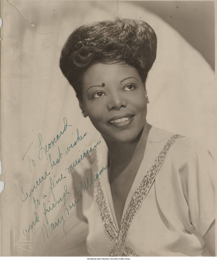 10 x 8 inch signed photograph; Mary Lou Williams. The photograph is dedicated to Leonard Feather