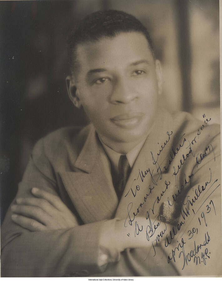 10 x 8 inch signed photograph; Woodard. The photograph is dedicated to Leonard Feather, dated: 1937-04-30