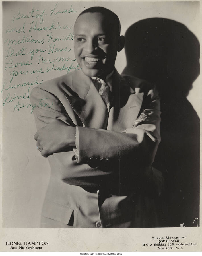 10 x 8 inch signed photograph; Lionel Hampton. The photograph is dedicated to Leonard Feather