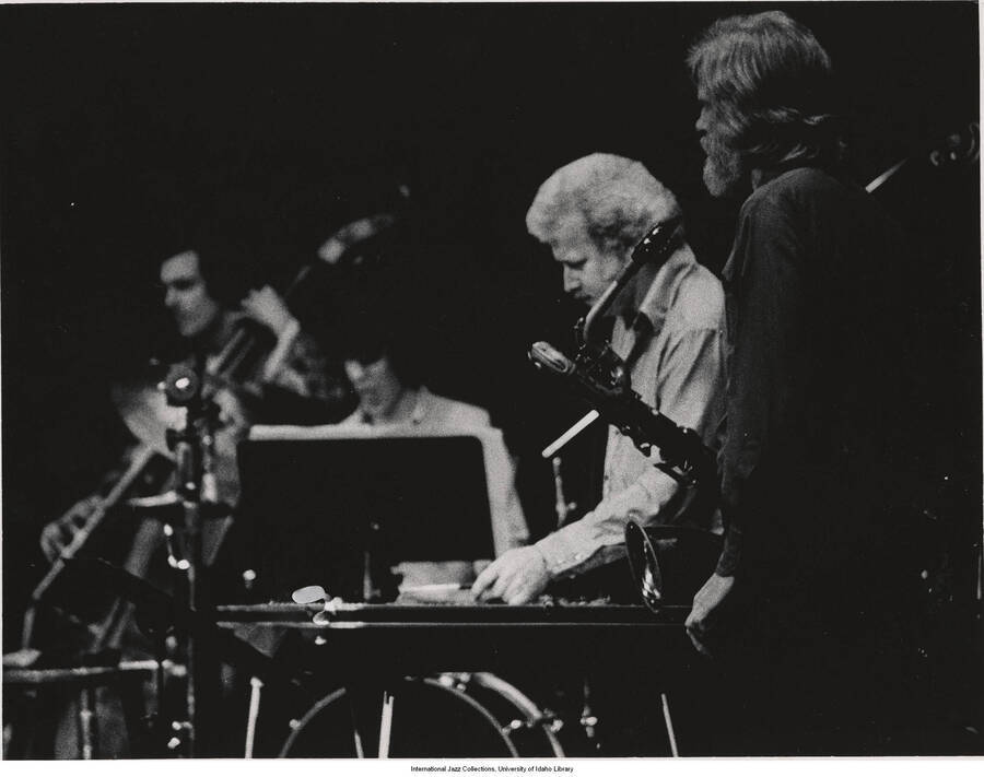 8 x 10 inch photograph; musicians. Handwritten on the back of the photograph: Gerry Mulligan; Don Elliott Concert at Westport Country Playhouse, 1974-05