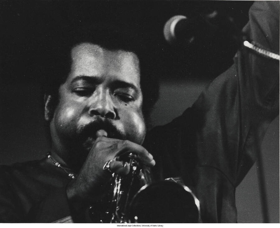 8 x 10 inch photograph; Nat Adderley. This photograph is published in Leonard Feather's and Ira Gitler's book The Encyclopedia of Jazz in the Seventies