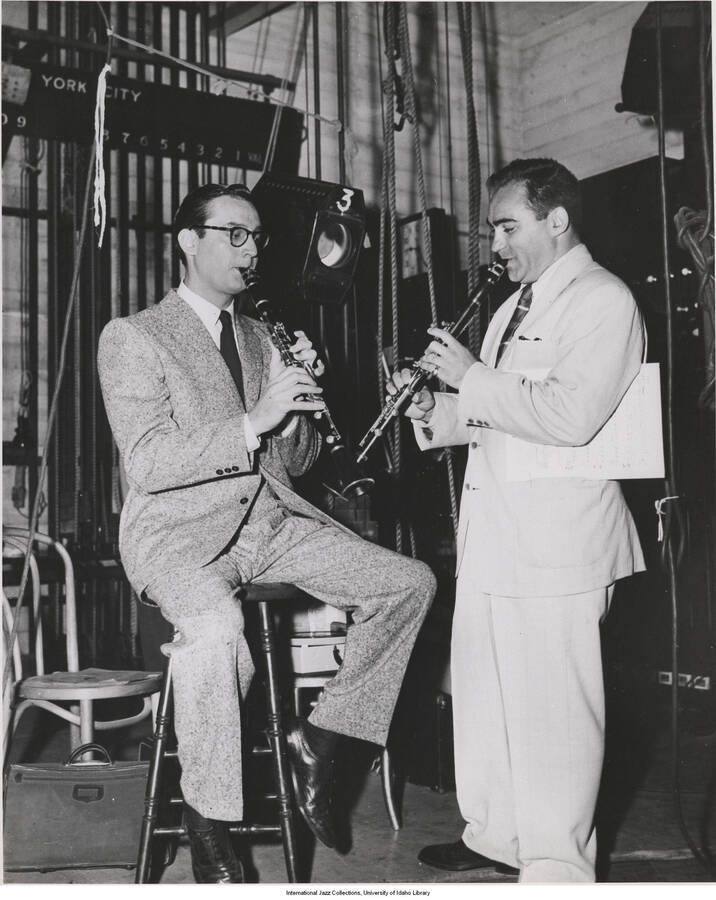 10 x 8 inch photograph; Steve Allen practicing clarinet with Sol Yaged