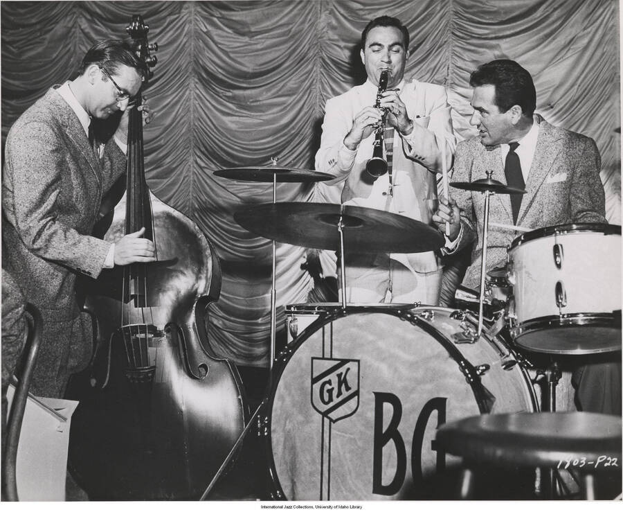 8 x 10 inch photograph; Steve Allen on the bass, Sol Yaged on the clarinet, and Gene Krupa on the drums
