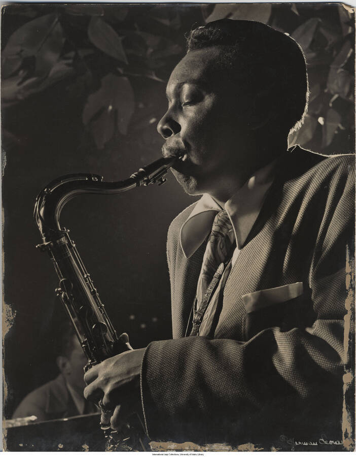14 x 11 inch photograph; Lucky Thompson, Royal Roost, NYC, 1948