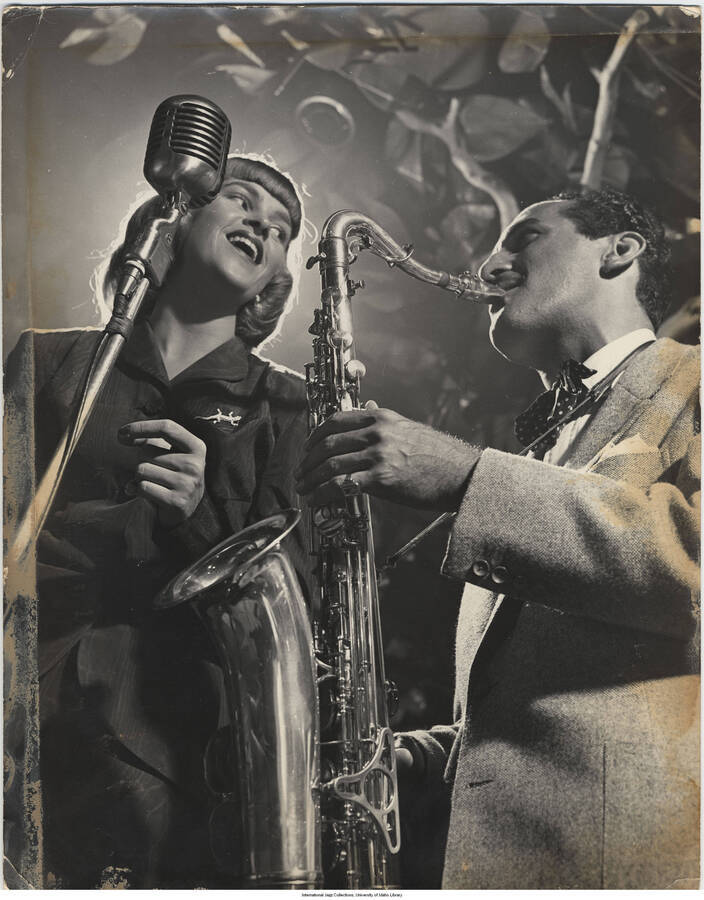 14 x 11 inch photograph; Jackie Cain and Charlie Ventura, Royal Roost, NYC, circa 1948