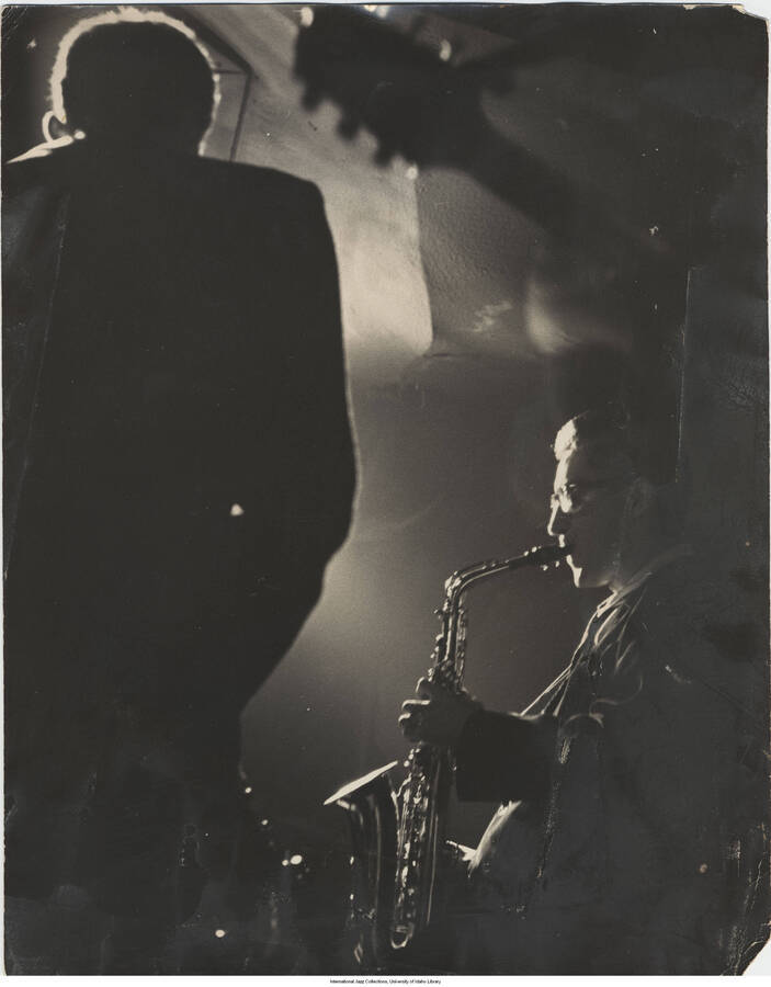 14 x 11 inch photograph; Lee Konitz playing the saxophone