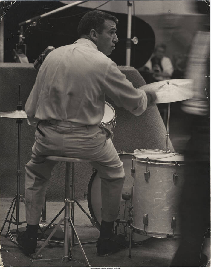 14 x 11 inch photograph; Buddy Rich playing the drums