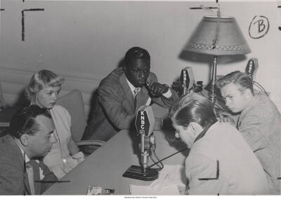5 x 7 inch photograph; Woody Herman, June Christy, Nat King Cole, Mel Torme, and Jimmy Lyons at the KNBC studio. 1949-09-23