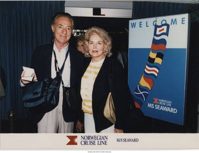 5 x 6 3/4 inch photograph; Jane and Leonard Feather. Inscription at the bottom of the photograph reads: Norwegian Cruise Line; M/S Seaward