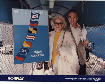 6 x 8 inch photograph; Jane and Leonard Feather. Inscription at the bottom of the photograph reads: Norwegian Caribbean Lines