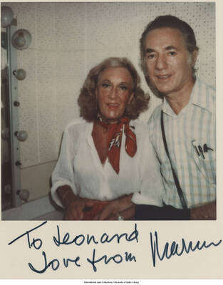 4 1/4 x 3 1/2 inch signed photograph; Leonard Feather and Marian McPartland. The photograph is dedicated to Leonard Feather