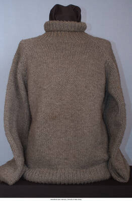 Gray, handknit, turtleneck.  Heavy gauge wool, raglan sleeves.