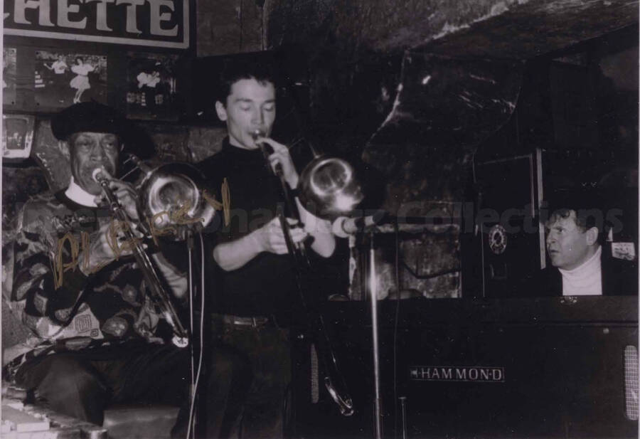 Al Grey performing with trombonist Patrick Sherlock and organist Al Copley at Le Caveau de la Muchette, in Paris