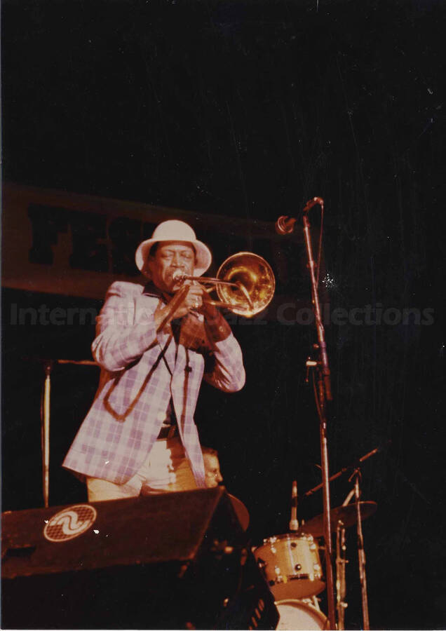 Al Grey performing. Inscribed on the back of the photograph: Song "Isn't She Lovely" 1981-07-12; North Sea Jazz Festival-The Hague