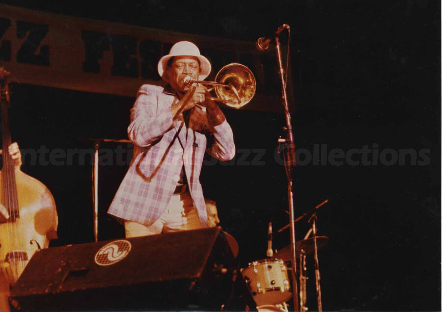 Al Grey performing. Inscribed on the back of the photograph: Song "Isn't She Lovely" 1981-07-12; North Sea Jazz Festival-The Hague