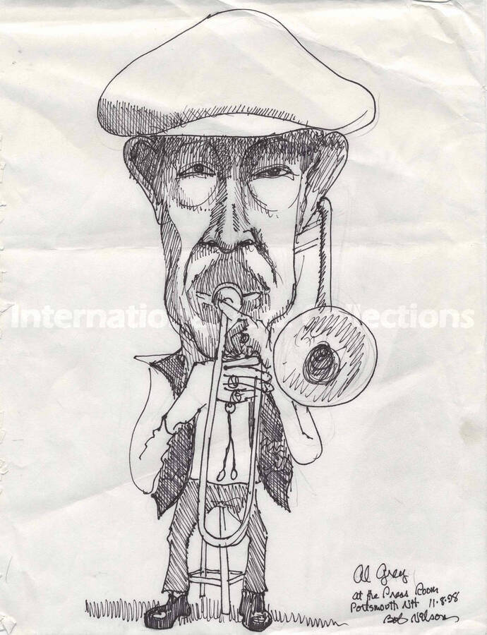 Caricature of Al Grey, by Bob Nilson. Handwritten on the right lower corner: Al Grey at the Press Room, Portsmouth (NH)